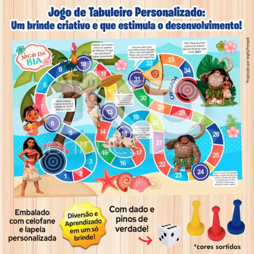 Jogo de Tabuleiro Personalizado Moana com Dado e Pinos