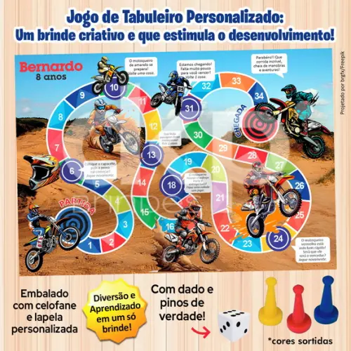 Jogo de Tabuleiro Personalizado Motocross com Dado e Pinos