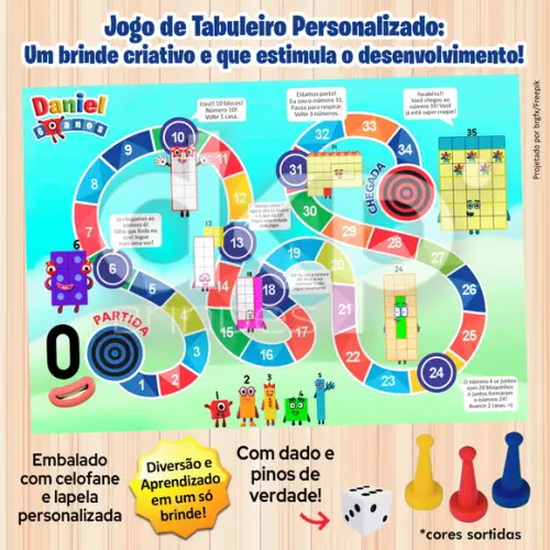 Jogo de Tabuleiro Personalizado Numberblocks com Dado Pinos