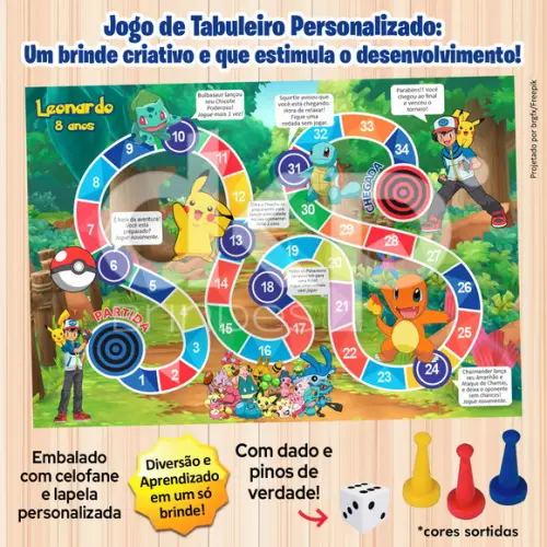 Jogo de Tabuleiro Personalizado Pokemon com Dado e Pinos