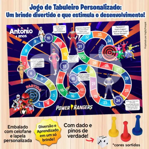 Jogo de Tabuleiro Personalizado Power Rangers c Dado e Pinos