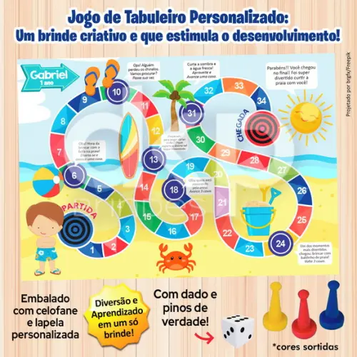 Jogo de Tabuleiro Personalizado Praia com Dado e Pinos