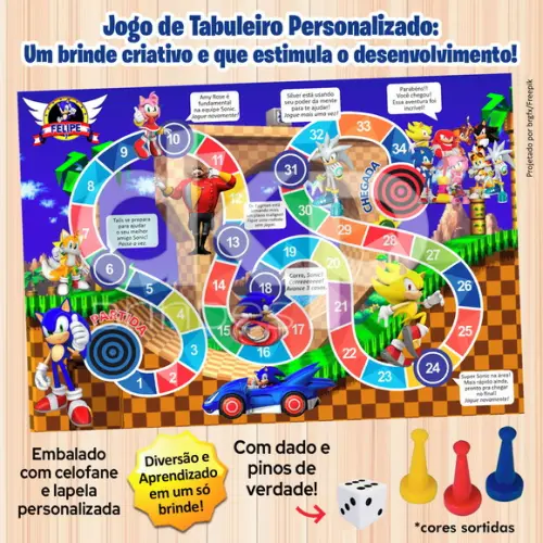 Jogo de Tabuleiro Personalizado Sonic com Dado e Pinos