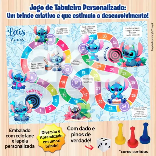 Jogo de Tabuleiro Personalizado Stitch com Dado e Pinos