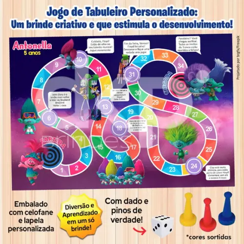 Jogo de Tabuleiro Personalizado Trolls 3 com Dado e Pinos