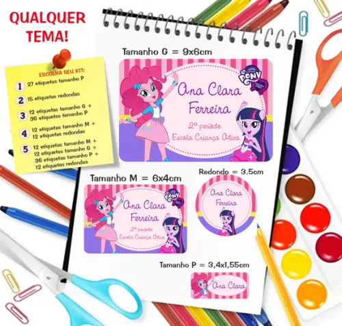 Kit com 79 Etiquetas Escolares Equestria Girls