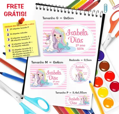 Kit com 79 Etiquetas Escolares Persona Sereia com Unicornio