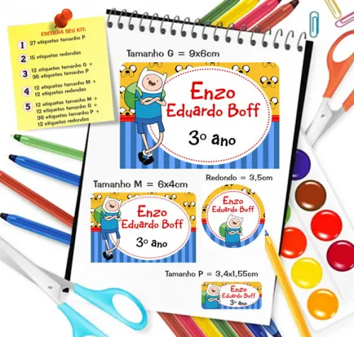 Kit com 79 Etiquetas Escolares Hora de Aventura
