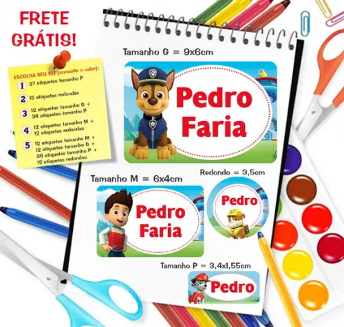 Kit com 79 Etiquetas Escolares Personalizada Patrulha Canina