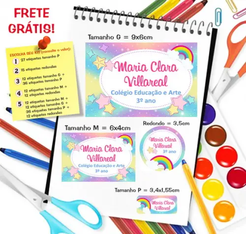 Kit com 79 Etiquetas Escolares Personalizadas Arco Íris