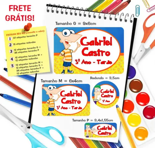 Kit com 79 Etiquetas Escolares Personalizada Phienas e Ferb