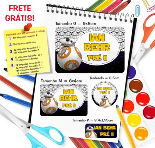 Kit com 79 Etiquetas Escolares Personalizadas Bb-8 Star Wars