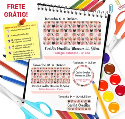 Kit com 79 Etiquetas Escolares Personalizadas Buldog Francês