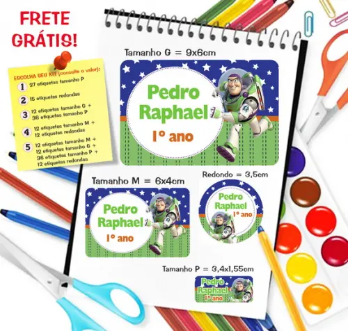 Kit com 79 Etiquetas Escolares Personalizadas Buzz Lightyear