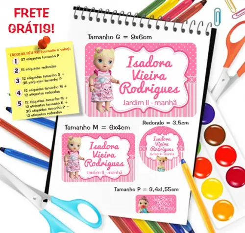 Kit com 79 Etiquetas Escolares Personalizadas Baby Alive