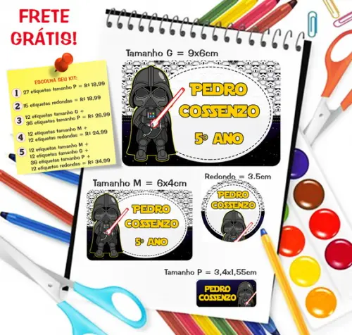 Kit com 79 Etiquetas Escolares Personalizadas Darth Vader