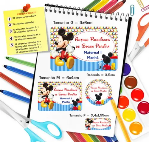 Kit com 79 Etiquetas Escolares Personalizadas Casa do Mickey