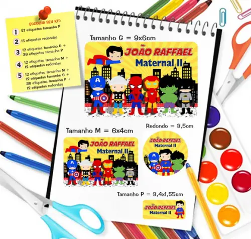 Kit com 79 Etiquetas Escolares Personalizadas Heróis