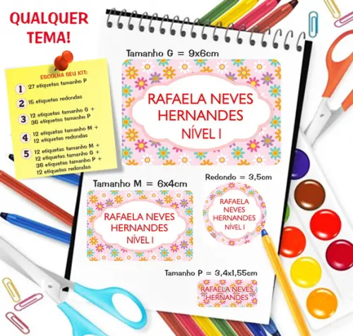 Kit com 79 Etiquetas Escolares Personalizadas Floral
