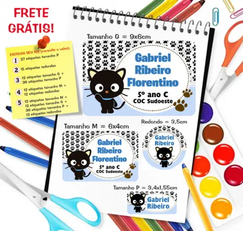 Kit com 79 Etiquetas Escolares Personalizadas Gatinho