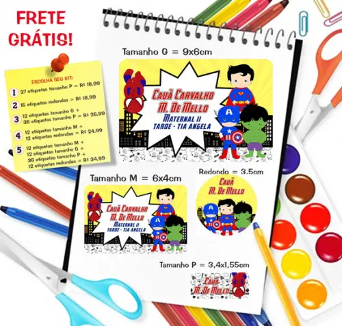 Kit com 79 Etiquetas Escolares Personalizadas Heróis