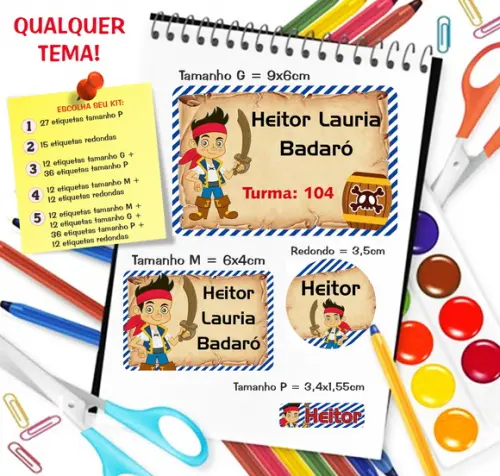 Kit com 79 Etiquetas Escolares Personalizadas Jake o Pirata