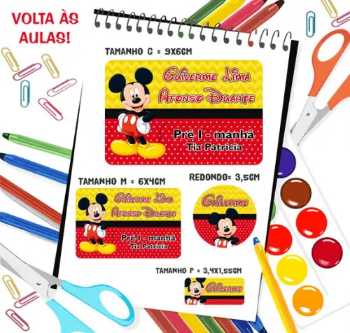 Kit com 79 Etiquetas Escolares Personalizadas Mickey