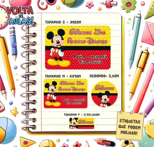 Kit com 79 Etiquetas Escolares Personalizadas Mickey