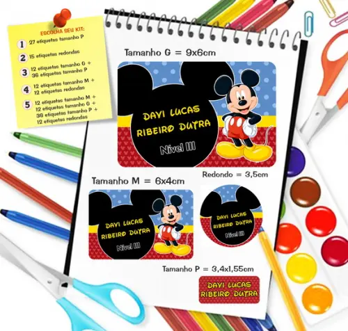 Kit com 79 Etiquetas Escolares Personalizadas Mickey