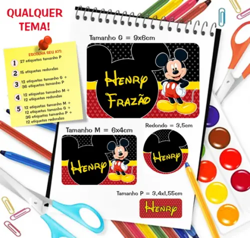 Kit com 79 Etiquetas Escolares Personalizadas Mickey
