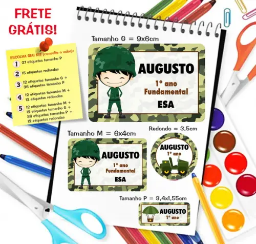 Kit com 79 Etiquetas Escolares Personalizadas Militar