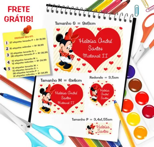 Kit com 79 Etiquetas Escolares Personalizadas Minnie