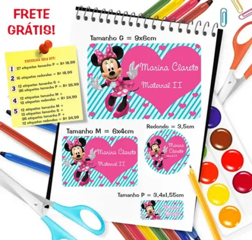 Kit com 79 Etiquetas Escolares Personalizadas Minnie Rosa