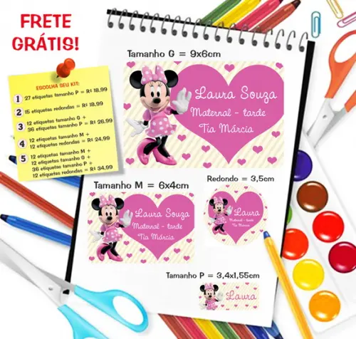 Kit com 79 Etiquetas Escolares Personalizadas Minnie