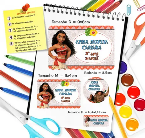 Kit com 79 Etiquetas Escolares Personalizadas Moana