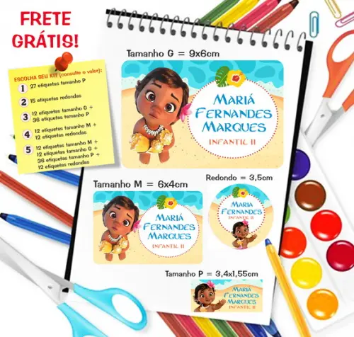 Kit com 79 Etiquetas Escolares Personalizadas Moana Baby