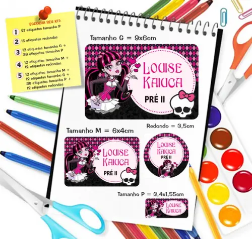 Kit com 79 Etiquetas Escolares Personalizadas Monster High