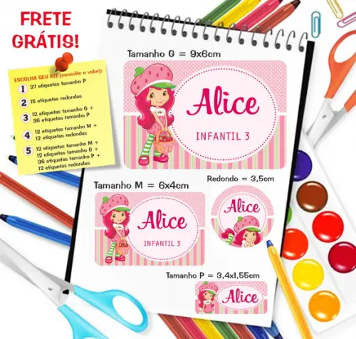 Kit com 79 Etiquetas Escolares Personalizadas Moranguinho