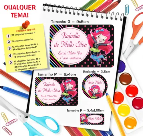 Kit com 79 Etiquetas Escolares Personalizadas Moranguinho