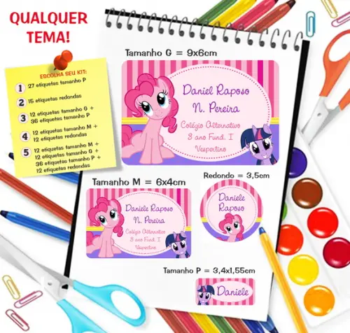 Kit com 79 Etiquetas Escolares Personalizadas My Little Pony