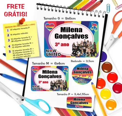 Kit com 79 Etiquetas Escolares Personalizadas Now United