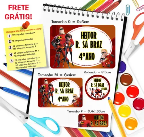 Kit com 79 Etiquetas Escolares Personalizadas os Incríveis