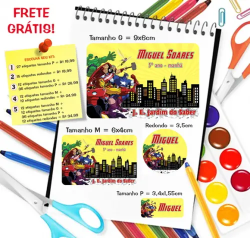Kit com 79 Etiquetas Escolares Personalizadas os Vingadores