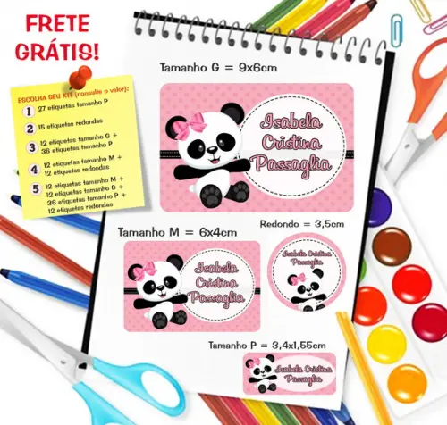 Kit com 79 Etiquetas Escolares Personalizadas Panda