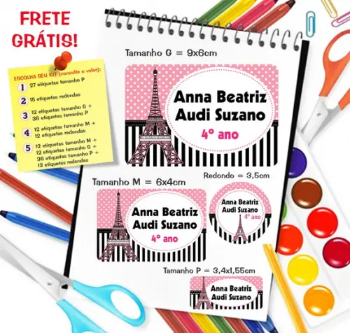 Kit com 79 Etiquetas Escolares Personalizadas Paris