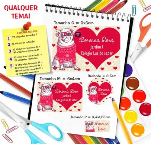 Kit com 79 Etiquetas Escolares Personalizadas Pet