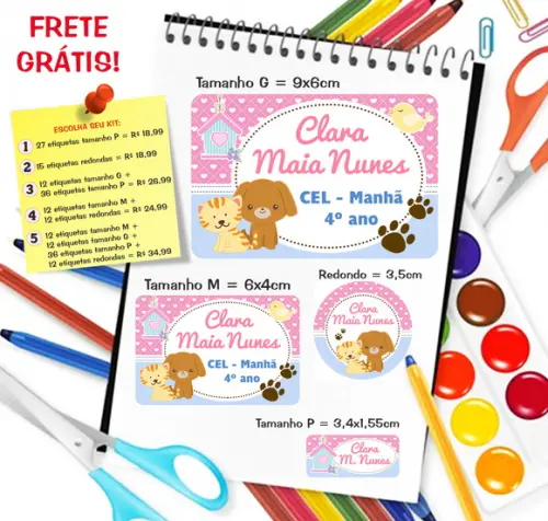 Kit com 79 Etiquetas Escolares Personalizadas Pets