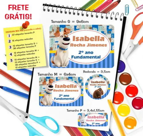 Kit com 79 Etiquetas Escolares Personalizadas Pets