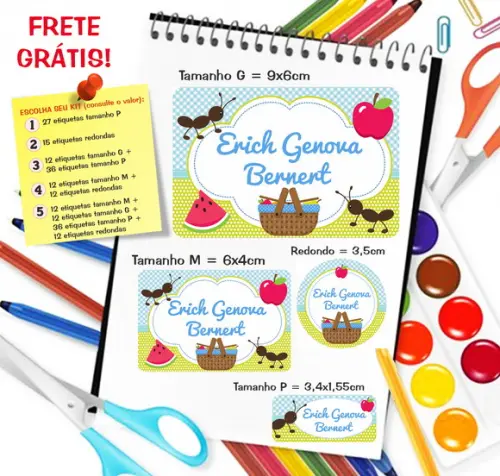 Kit com 79 Etiquetas Escolares Personalizadas Picnic