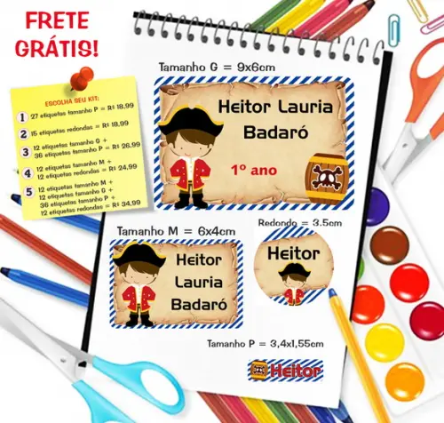 Kit com 79 Etiquetas Escolares Personalizadas Pirata